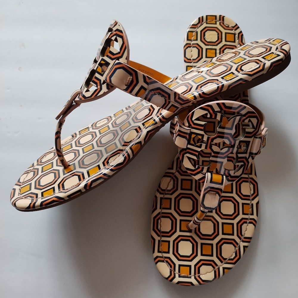 Tory Burch Miller Printed Patent Leather Sandals Ballet Pink Octagon Square Sz 8